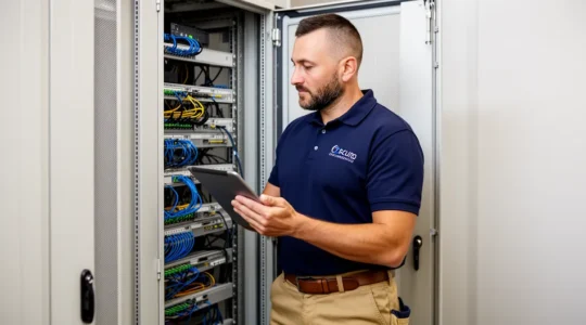 Technicien télécom inspectant baie de brassage installateur téléphonie entreprise