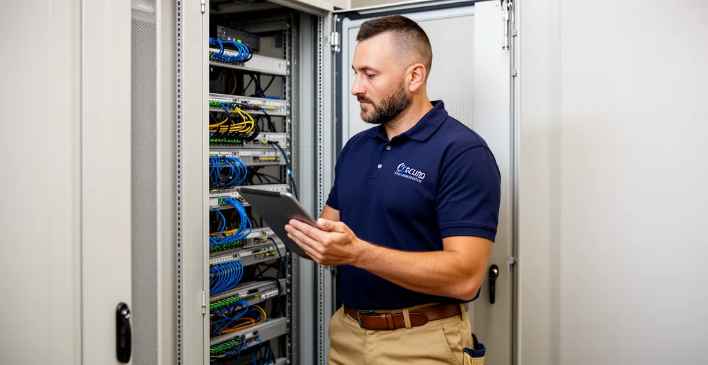 Technicien télécom inspectant baie de brassage installateur téléphonie entreprise