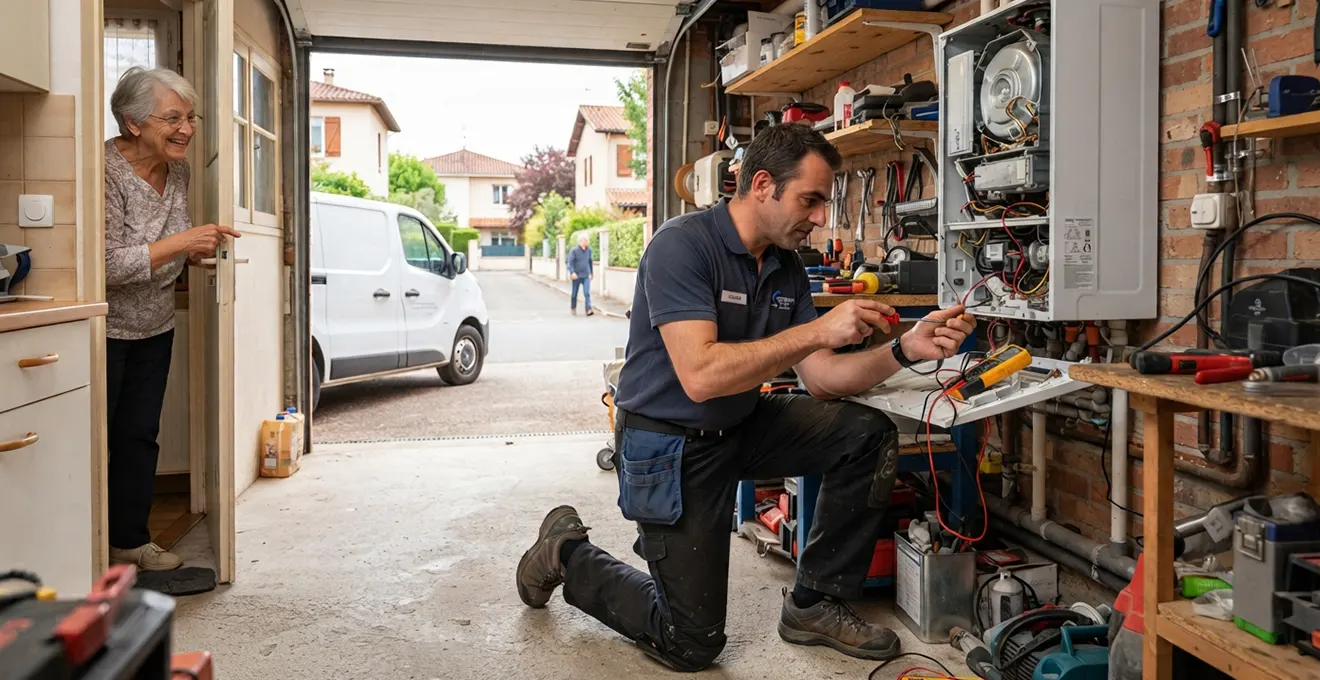 Technicien télécoms déchargeant équipements et outils de son véhicule d'intervention devant une entreprise dans la Drôme