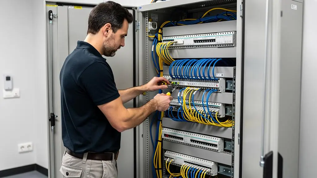 Technicien télécoms installant un système téléphonique IPBX dans une armoire de brassage ouverte avec équipements réseau et câblage structuré