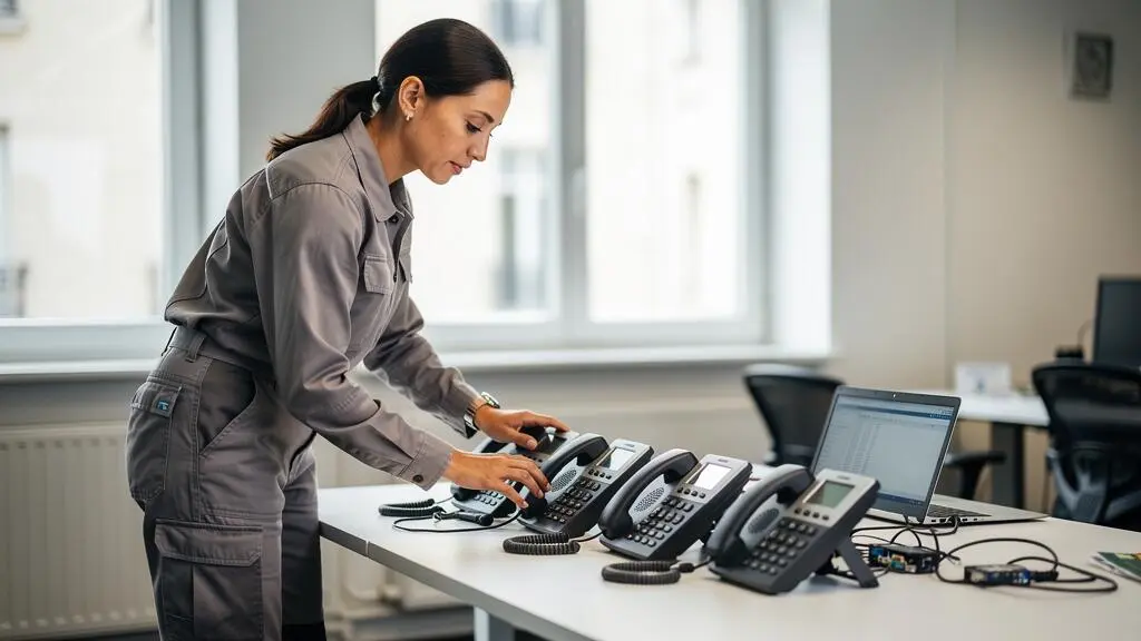 Technicienne télécoms testant et configurant des téléphones IP professionnels dans un bureau d'entreprise